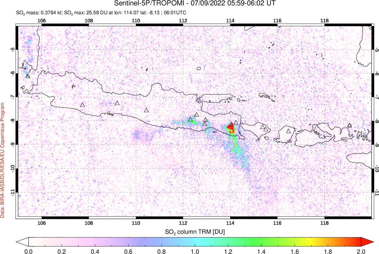 A sulfur dioxide image over Java, Indonesia on Jul 09, 2022.