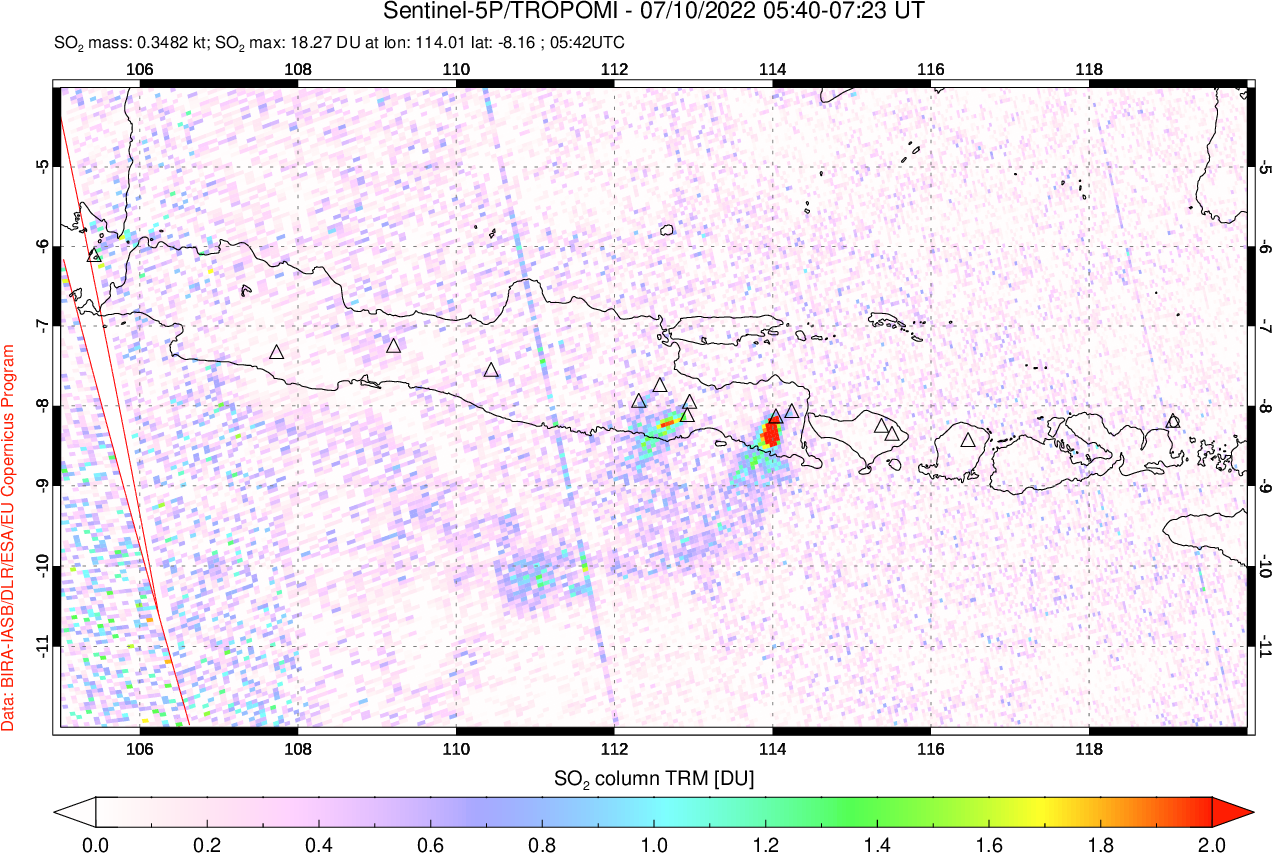A sulfur dioxide image over Java, Indonesia on Jul 10, 2022.