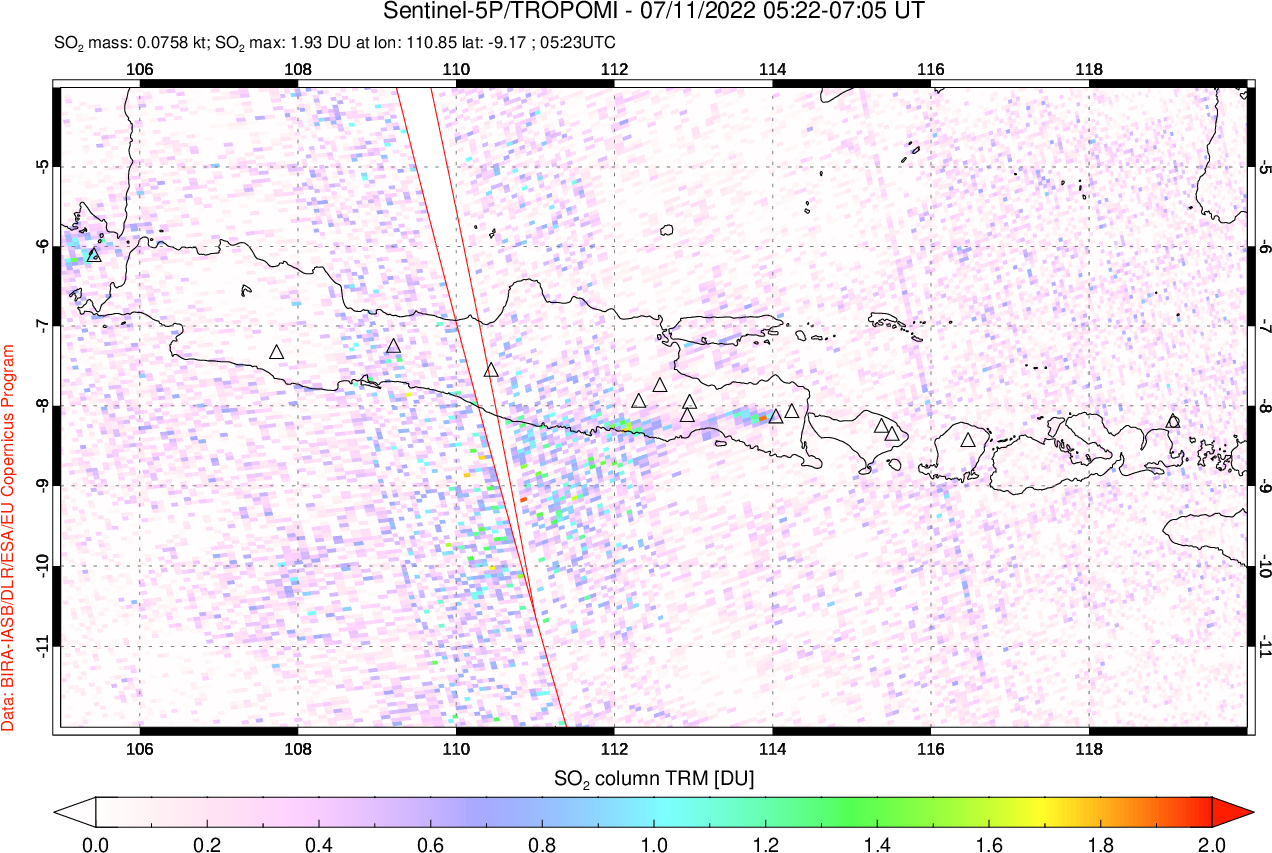 A sulfur dioxide image over Java, Indonesia on Jul 11, 2022.