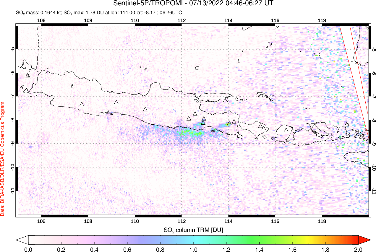 A sulfur dioxide image over Java, Indonesia on Jul 13, 2022.