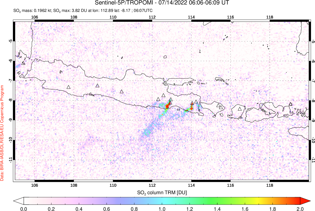 A sulfur dioxide image over Java, Indonesia on Jul 14, 2022.