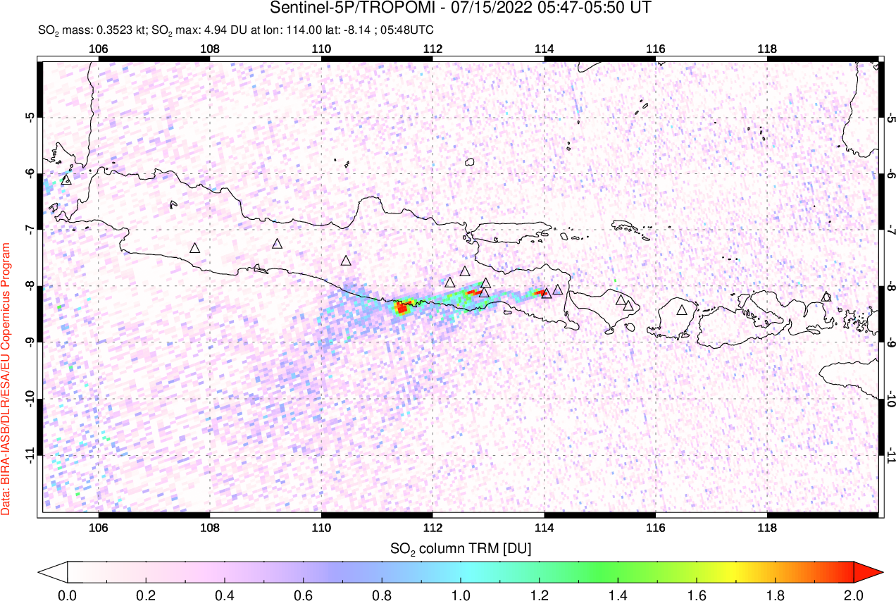 A sulfur dioxide image over Java, Indonesia on Jul 15, 2022.
