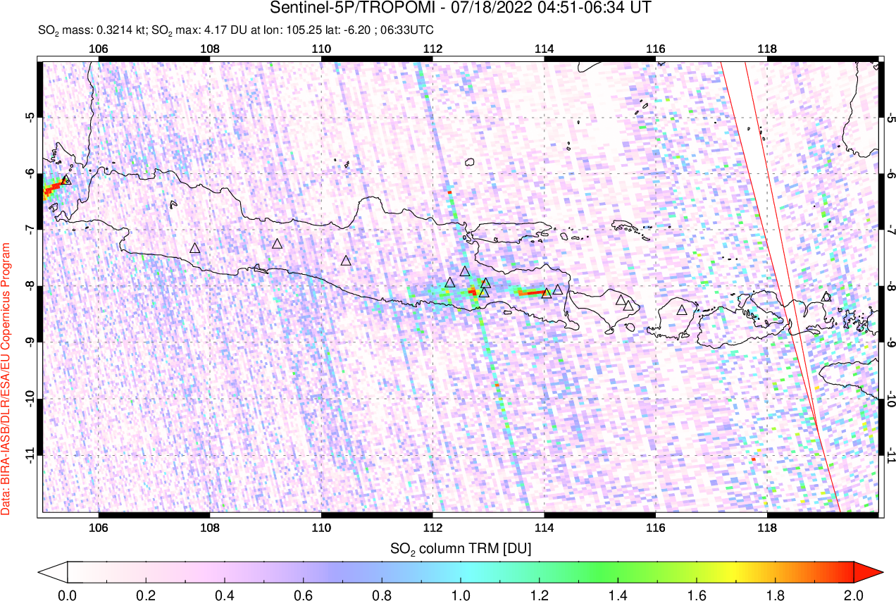 A sulfur dioxide image over Java, Indonesia on Jul 18, 2022.
