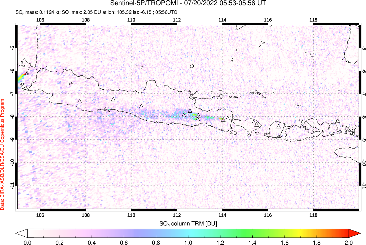 A sulfur dioxide image over Java, Indonesia on Jul 20, 2022.