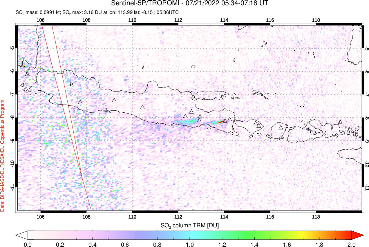 A sulfur dioxide image over Java, Indonesia on Jul 21, 2022.