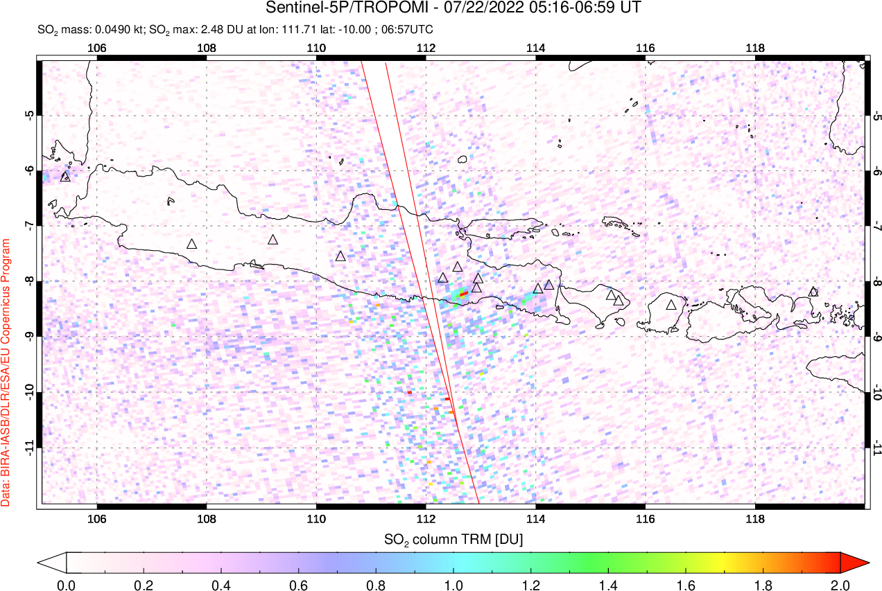 A sulfur dioxide image over Java, Indonesia on Jul 22, 2022.