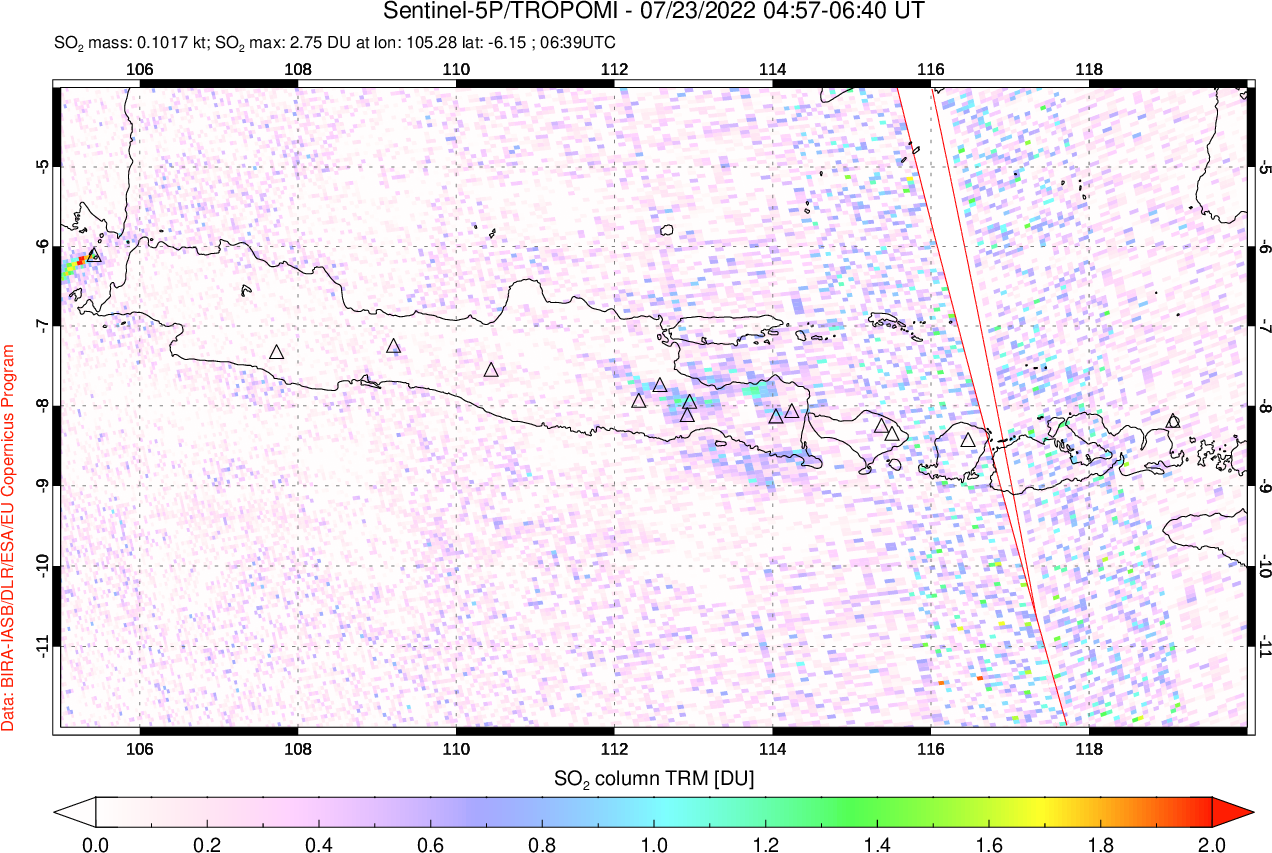 A sulfur dioxide image over Java, Indonesia on Jul 23, 2022.
