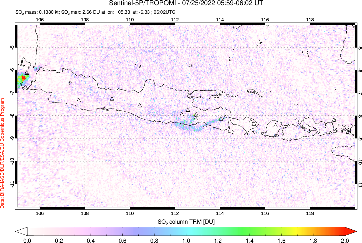 A sulfur dioxide image over Java, Indonesia on Jul 25, 2022.