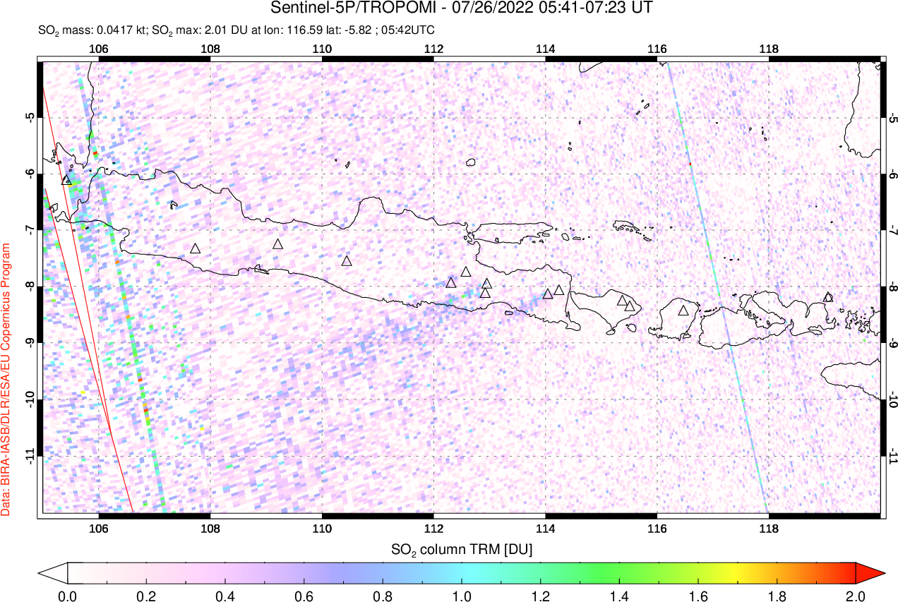 A sulfur dioxide image over Java, Indonesia on Jul 26, 2022.