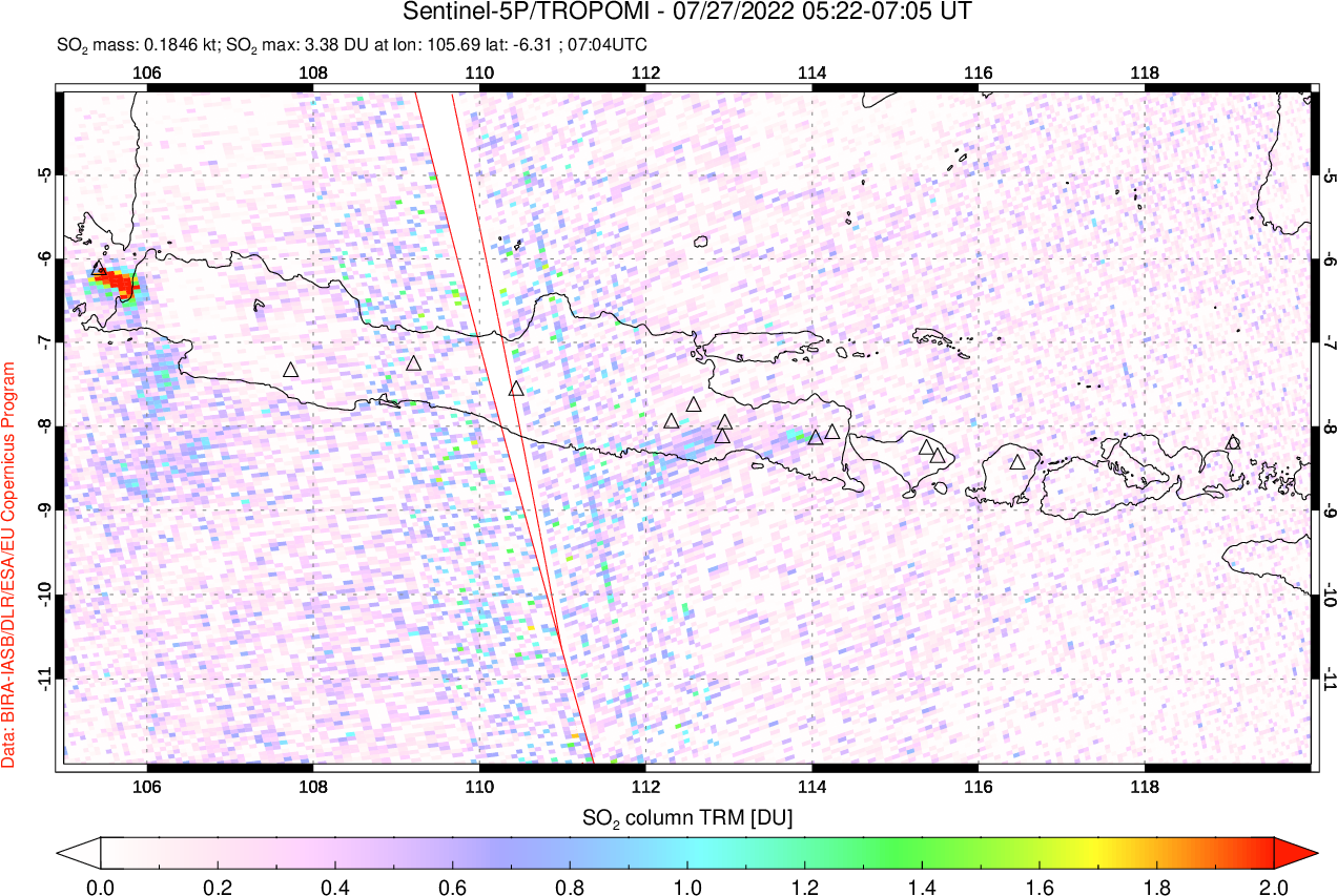 A sulfur dioxide image over Java, Indonesia on Jul 27, 2022.