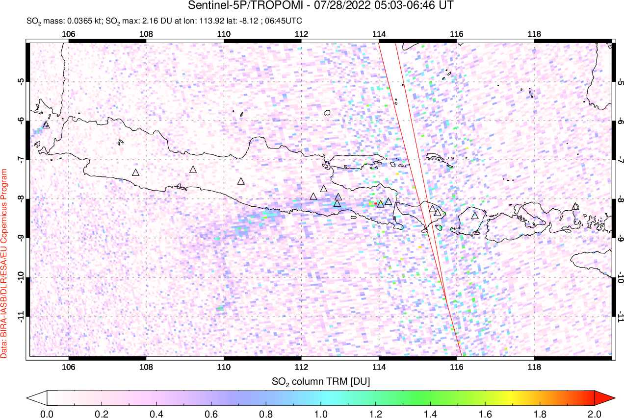 A sulfur dioxide image over Java, Indonesia on Jul 28, 2022.