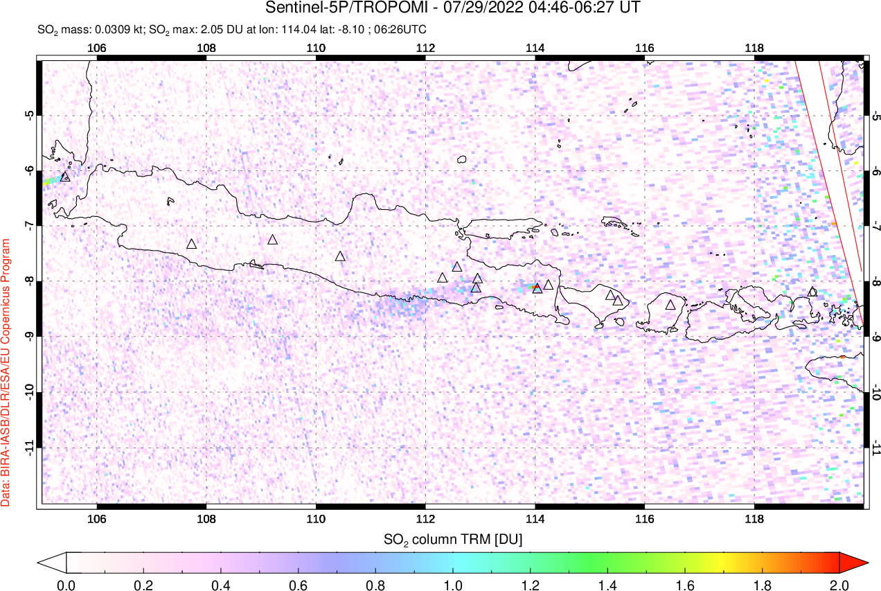A sulfur dioxide image over Java, Indonesia on Jul 29, 2022.