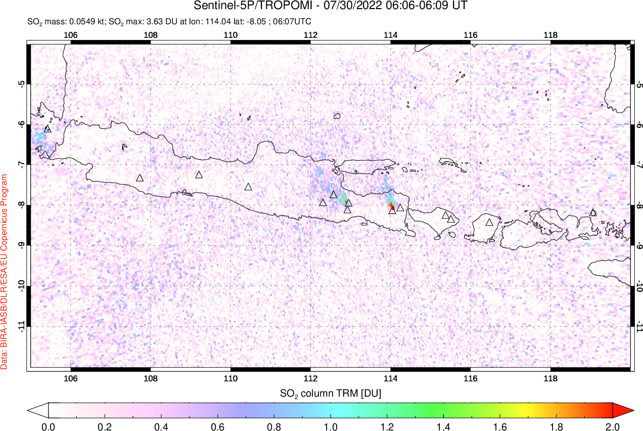 A sulfur dioxide image over Java, Indonesia on Jul 30, 2022.