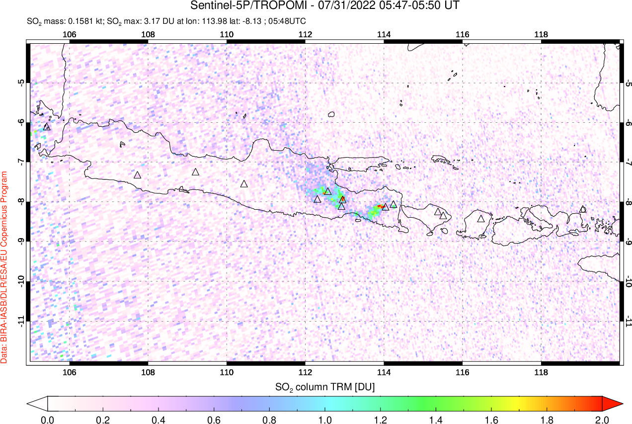 A sulfur dioxide image over Java, Indonesia on Jul 31, 2022.
