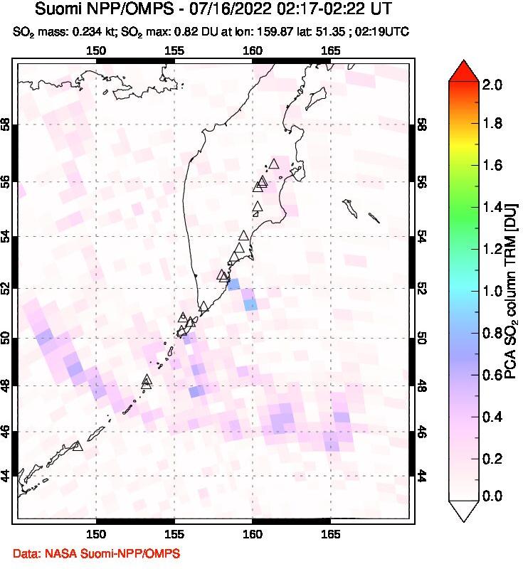 A sulfur dioxide image over Kamchatka, Russian Federation on Jul 16, 2022.