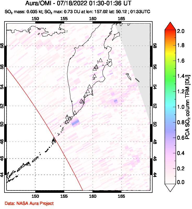 A sulfur dioxide image over Kamchatka, Russian Federation on Jul 18, 2022.