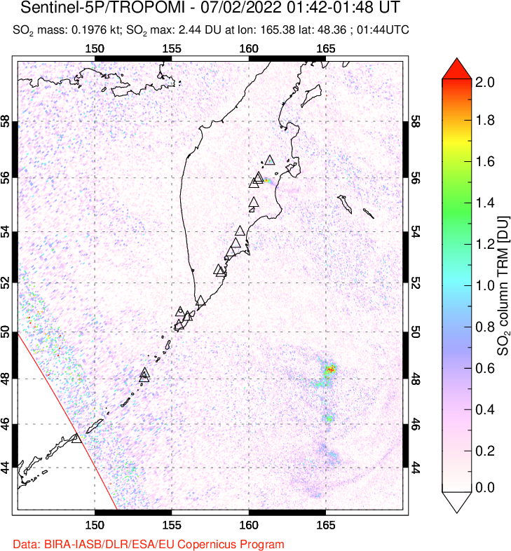 A sulfur dioxide image over Kamchatka, Russian Federation on Jul 02, 2022.