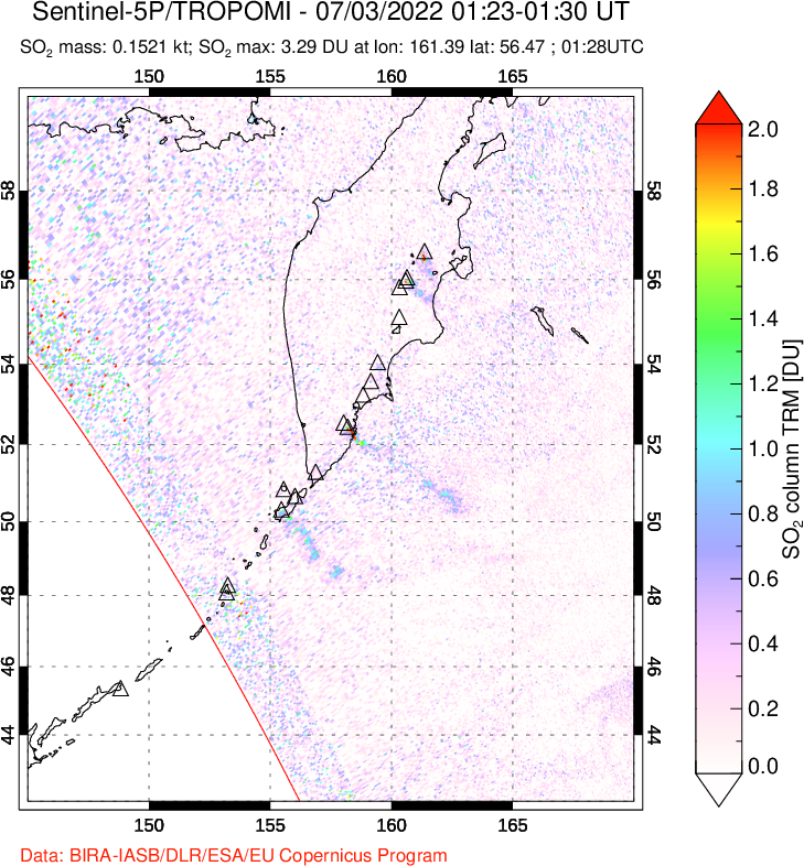 A sulfur dioxide image over Kamchatka, Russian Federation on Jul 03, 2022.