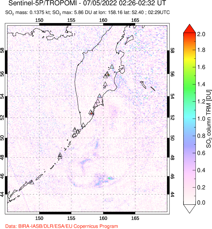 A sulfur dioxide image over Kamchatka, Russian Federation on Jul 05, 2022.