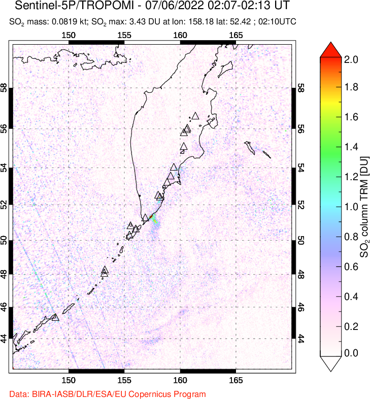 A sulfur dioxide image over Kamchatka, Russian Federation on Jul 06, 2022.