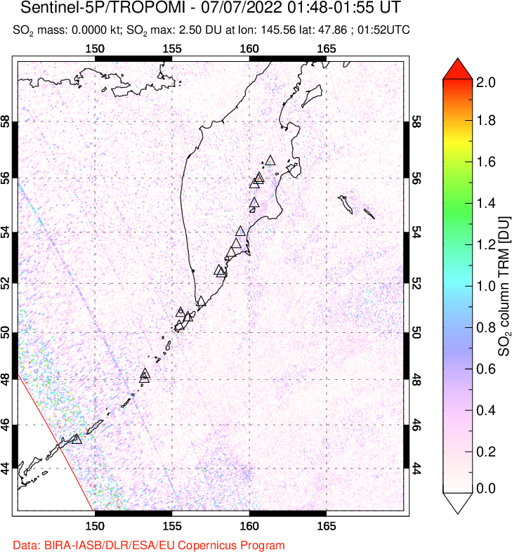 A sulfur dioxide image over Kamchatka, Russian Federation on Jul 07, 2022.