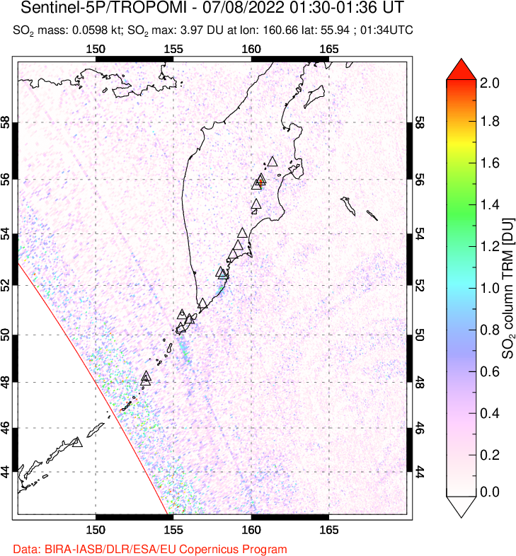 A sulfur dioxide image over Kamchatka, Russian Federation on Jul 08, 2022.