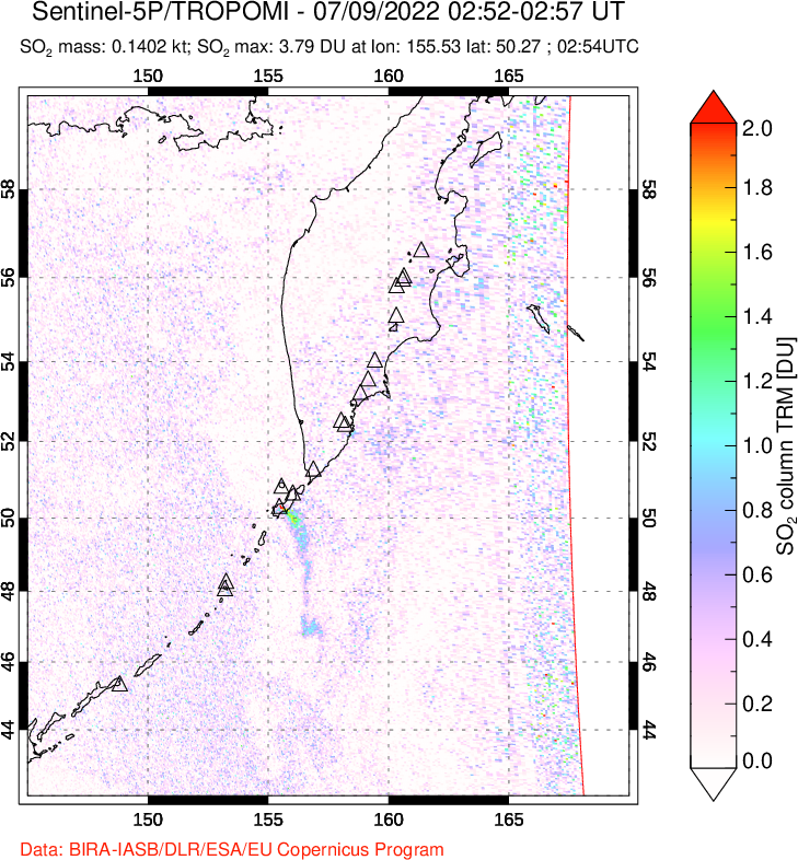 A sulfur dioxide image over Kamchatka, Russian Federation on Jul 09, 2022.