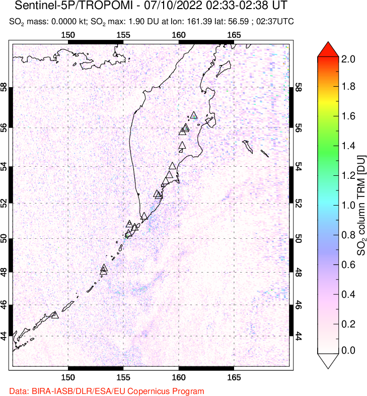 A sulfur dioxide image over Kamchatka, Russian Federation on Jul 10, 2022.