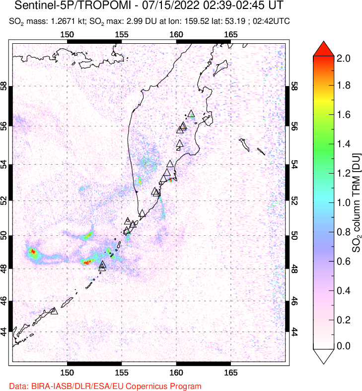 A sulfur dioxide image over Kamchatka, Russian Federation on Jul 15, 2022.