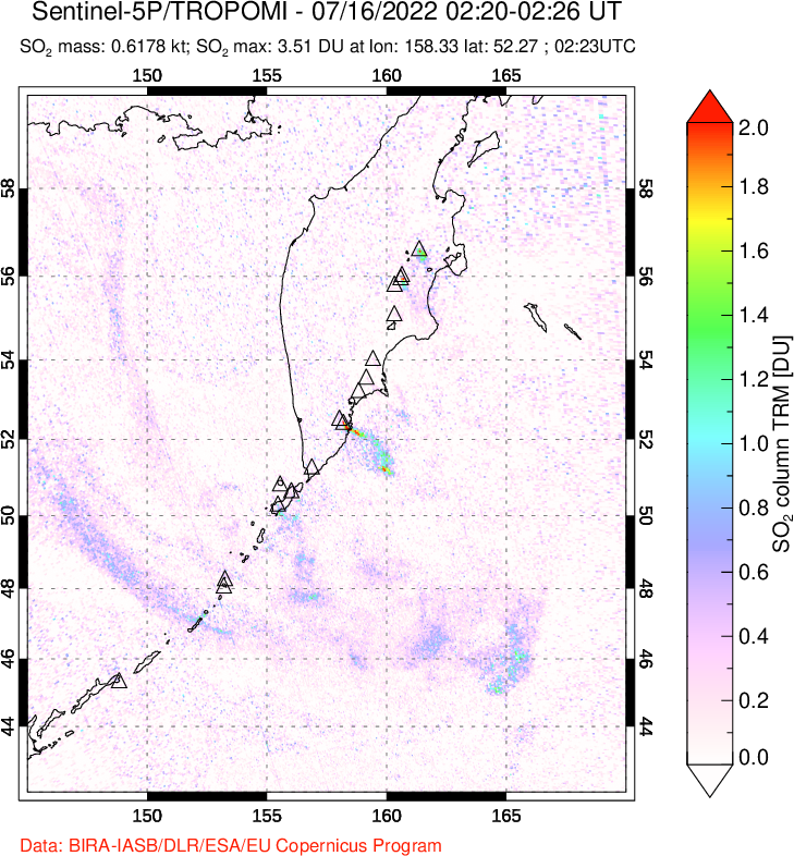 A sulfur dioxide image over Kamchatka, Russian Federation on Jul 16, 2022.