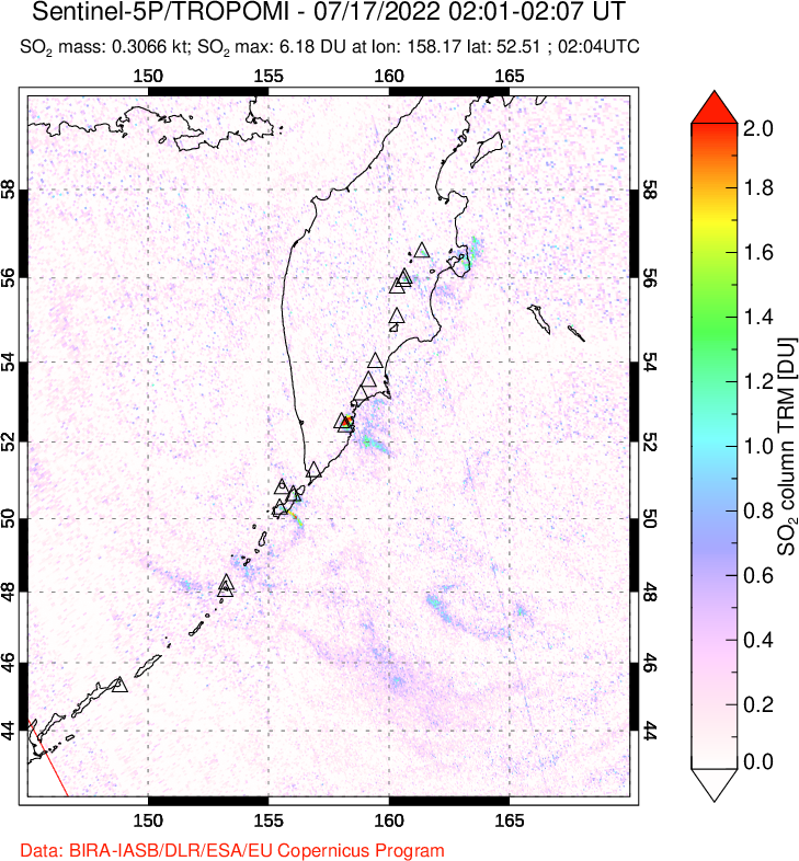 A sulfur dioxide image over Kamchatka, Russian Federation on Jul 17, 2022.