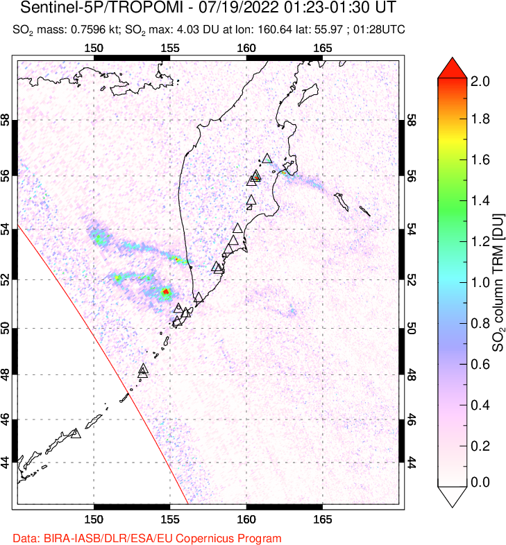 A sulfur dioxide image over Kamchatka, Russian Federation on Jul 19, 2022.