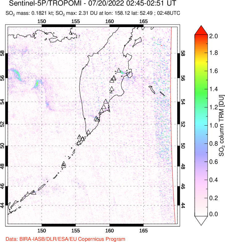 A sulfur dioxide image over Kamchatka, Russian Federation on Jul 20, 2022.
