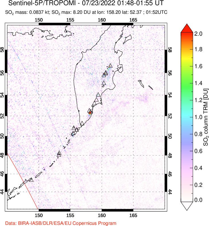 A sulfur dioxide image over Kamchatka, Russian Federation on Jul 23, 2022.