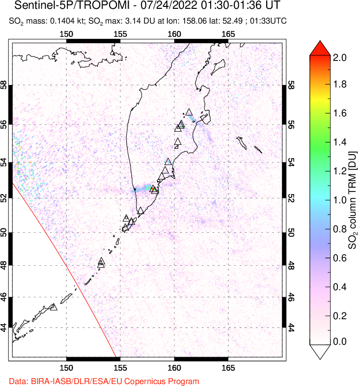 A sulfur dioxide image over Kamchatka, Russian Federation on Jul 24, 2022.