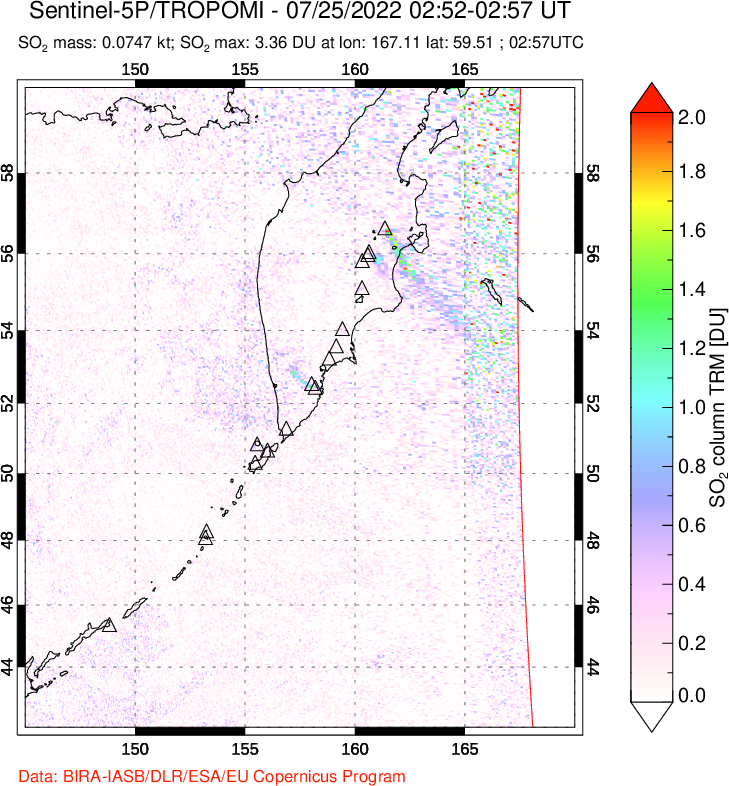 A sulfur dioxide image over Kamchatka, Russian Federation on Jul 25, 2022.