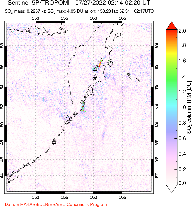 A sulfur dioxide image over Kamchatka, Russian Federation on Jul 27, 2022.