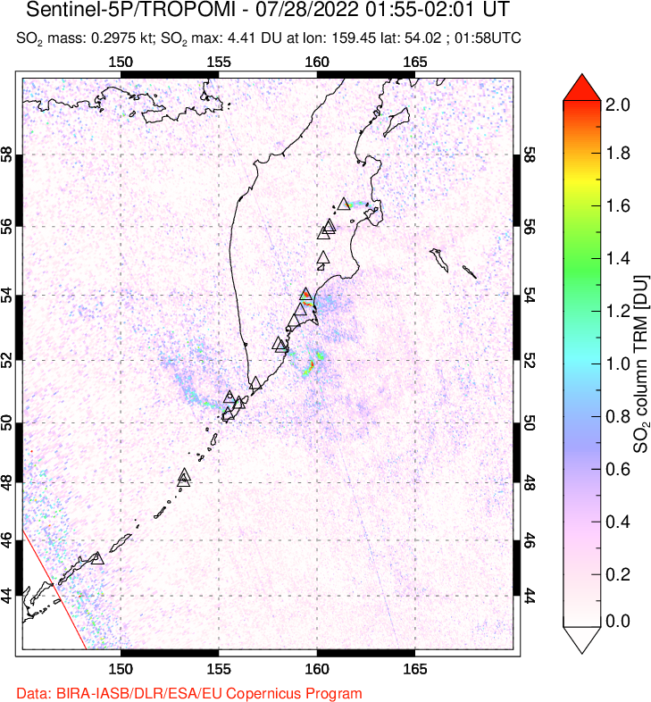 A sulfur dioxide image over Kamchatka, Russian Federation on Jul 28, 2022.