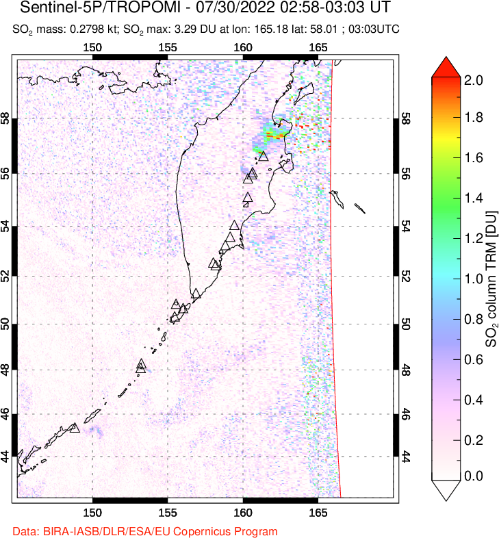 A sulfur dioxide image over Kamchatka, Russian Federation on Jul 30, 2022.