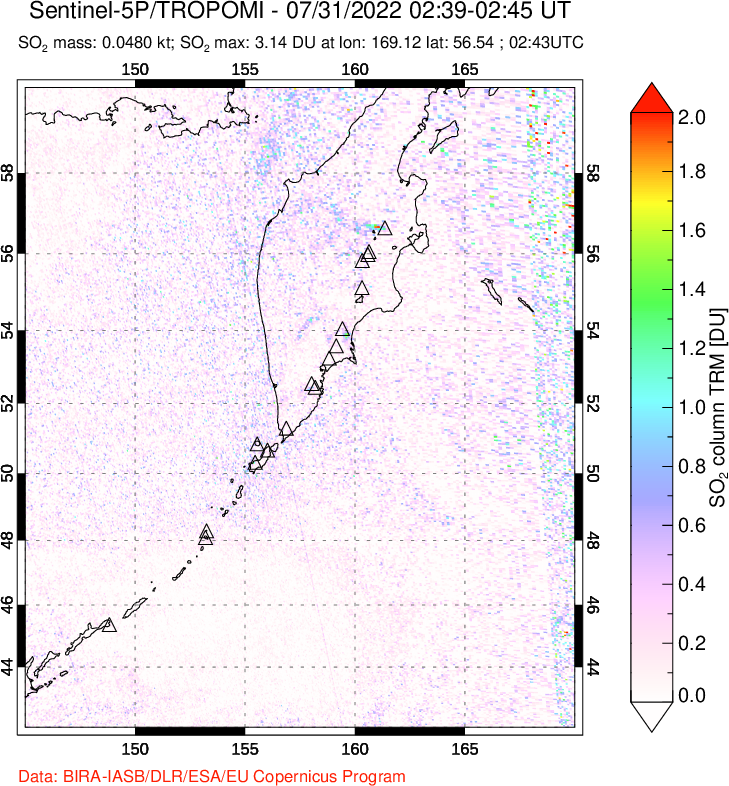 A sulfur dioxide image over Kamchatka, Russian Federation on Jul 31, 2022.