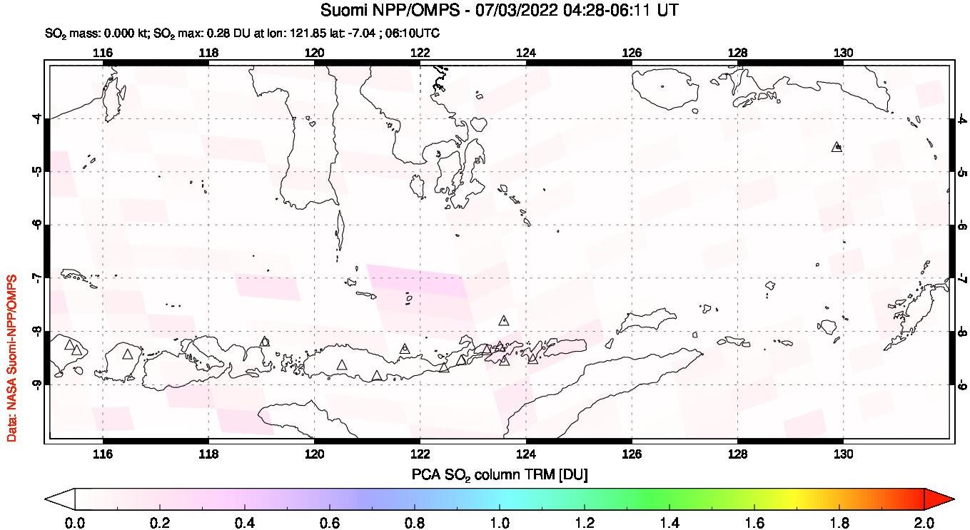 A sulfur dioxide image over Lesser Sunda Islands, Indonesia on Jul 03, 2022.