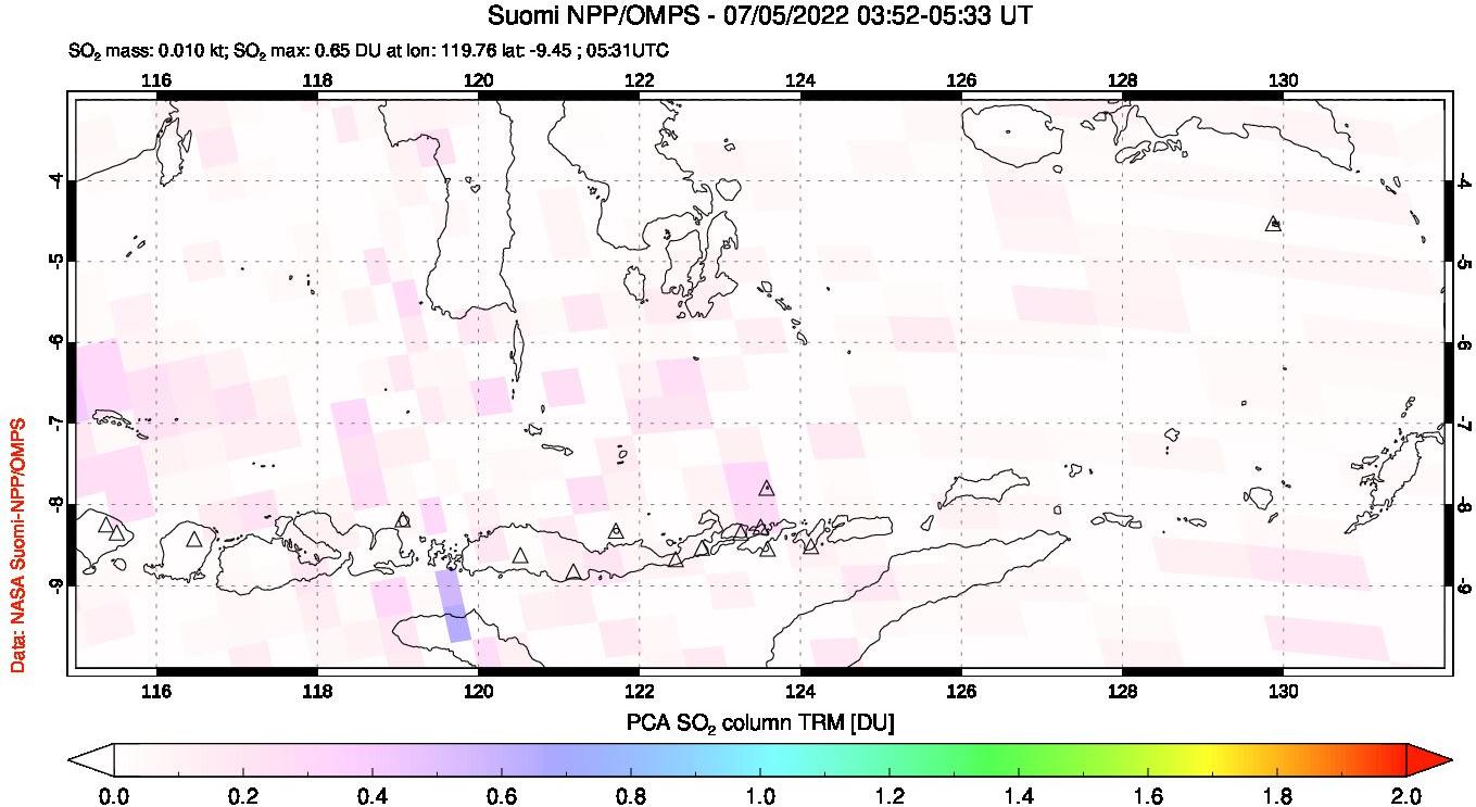 A sulfur dioxide image over Lesser Sunda Islands, Indonesia on Jul 05, 2022.