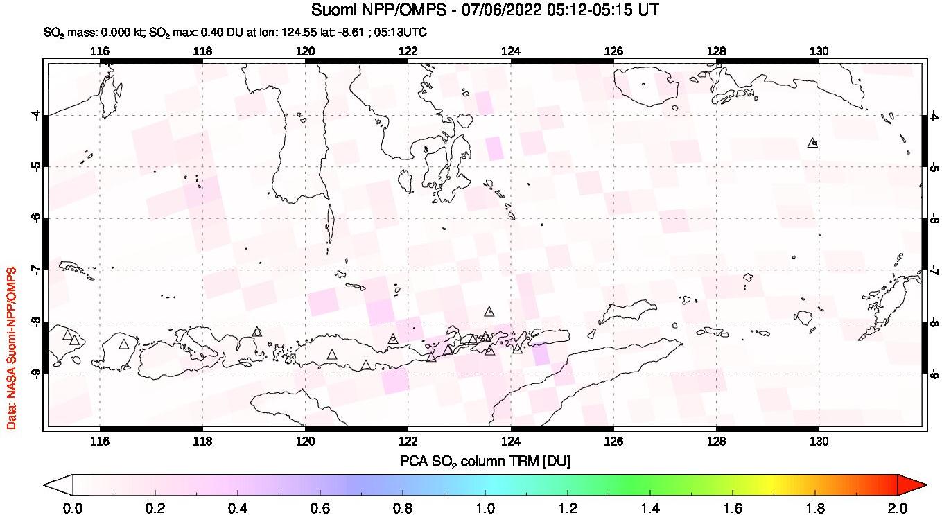 A sulfur dioxide image over Lesser Sunda Islands, Indonesia on Jul 06, 2022.