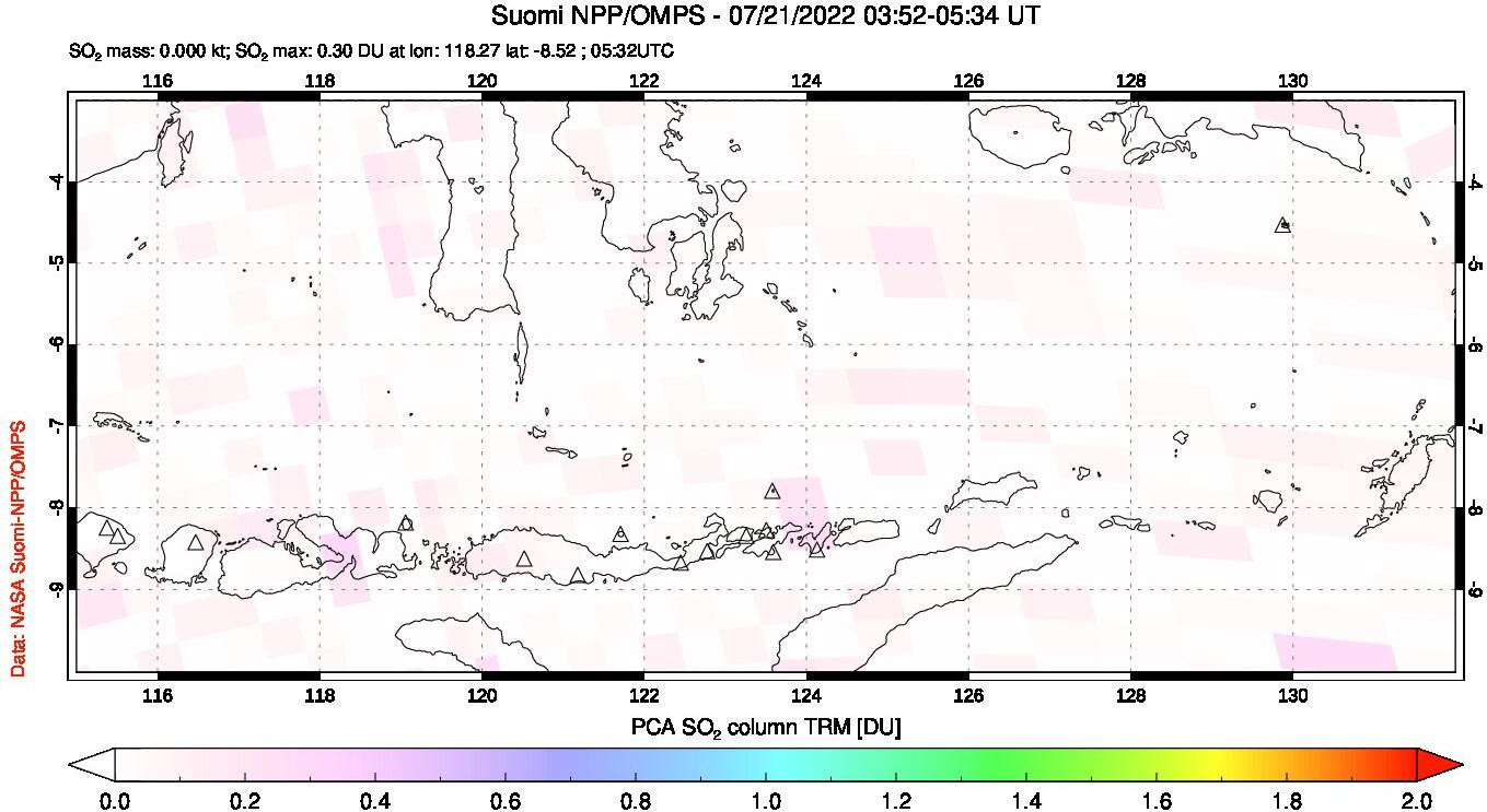 A sulfur dioxide image over Lesser Sunda Islands, Indonesia on Jul 21, 2022.
