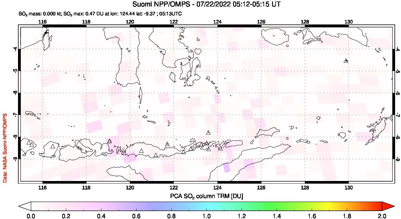 A sulfur dioxide image over Lesser Sunda Islands, Indonesia on Jul 22, 2022.