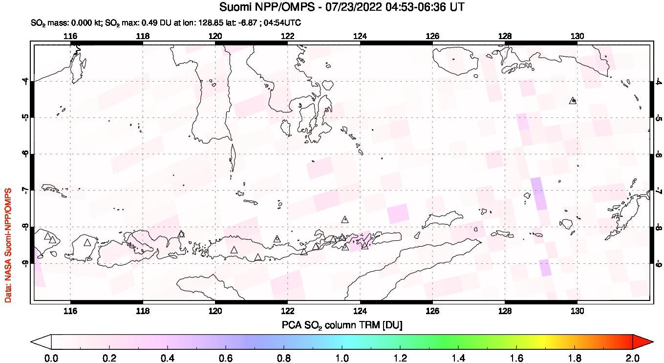 A sulfur dioxide image over Lesser Sunda Islands, Indonesia on Jul 23, 2022.