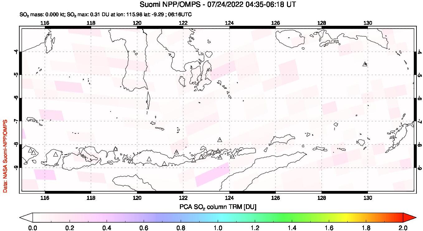 A sulfur dioxide image over Lesser Sunda Islands, Indonesia on Jul 24, 2022.