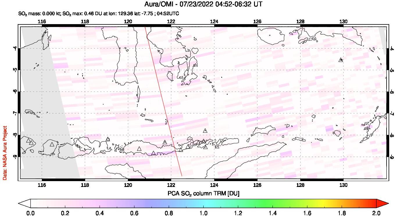 A sulfur dioxide image over Lesser Sunda Islands, Indonesia on Jul 23, 2022.