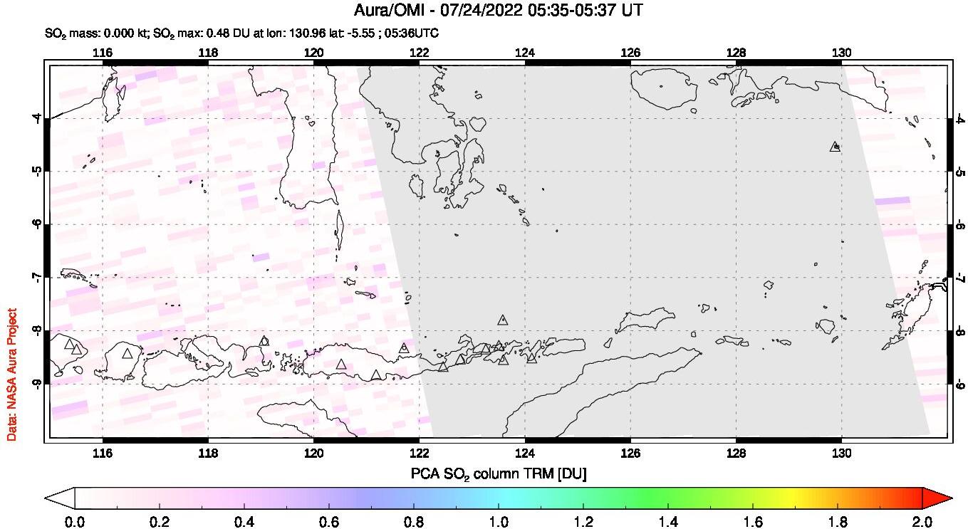 A sulfur dioxide image over Lesser Sunda Islands, Indonesia on Jul 24, 2022.