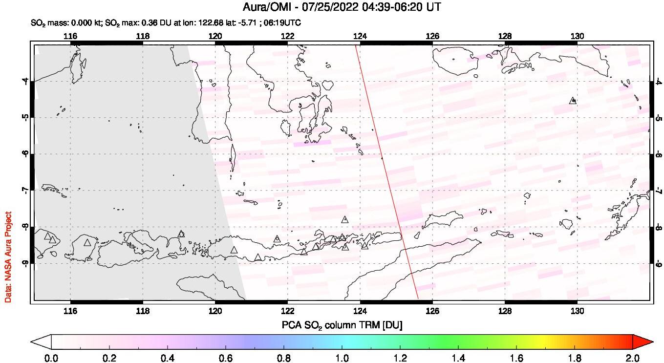 A sulfur dioxide image over Lesser Sunda Islands, Indonesia on Jul 25, 2022.